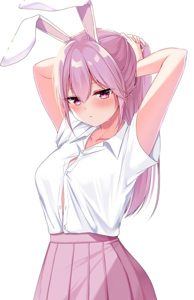 Anime picture 2450x3800 with touhou reisen udongein inaba shiki (s1k1xxx) single long hair tall image looking at viewer blush fringe highres breasts light erotic simple background hair between eyes white background animal ears purple hair ponytail pink eyes arms up