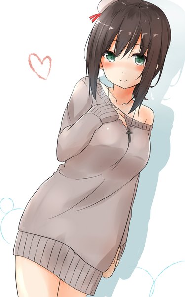 Anime picture 2500x4000 with kantai collection fubuki destroyer saku (kudrove) single tall image looking at viewer blush fringe highres short hair breasts light erotic black hair simple background smile hair between eyes standing white background bare shoulders green eyes