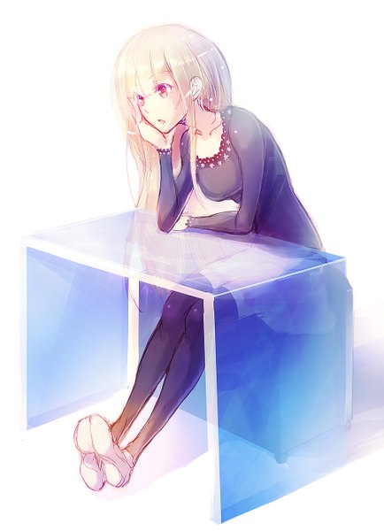 Anime picture 1000x1380 with original lira mist single long hair tall image fringe open mouth blonde hair sitting looking away long sleeves pink eyes girl skirt table