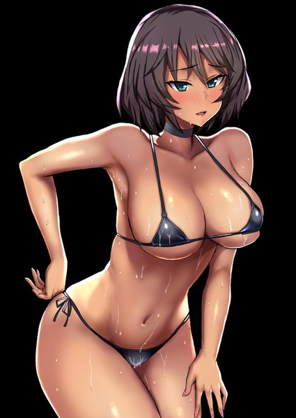 Anime picture 1000x1412 with girls und panzer hoshino (girls und panzer) mordeth single tall image looking at viewer blush fringe short hair breasts open mouth light erotic black hair simple background hair between eyes large breasts standing bare shoulders aqua eyes wet
