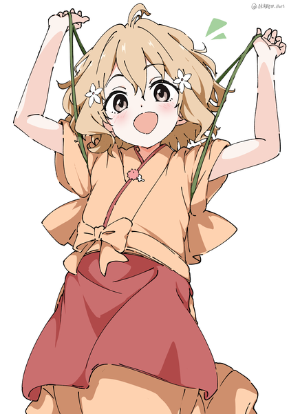 Anime picture 2864x4093 with hanasaku iroha p.a. works matsumae ohana white gorilla (okamoto) single tall image looking at viewer blush fringe highres short hair open mouth simple background blonde hair hair between eyes white background signed ahoge traditional clothes :d