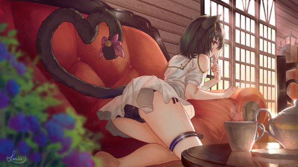 Anime picture 1920x1080 with original saraki single looking at viewer fringe highres short hair light erotic hair between eyes wide image signed animal ears indoors tail nail polish animal tail profile fingernails blurry cat ears