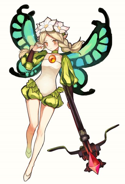 Anime picture 1000x1470 with odin sphere vanillaware mercedes (odin sphere) bunko (fumimatsu) single long hair tall image blush simple background blonde hair white background full body bent knee (knees) braid (braids) pointy ears orange eyes puffy sleeves legs twin braids looking down