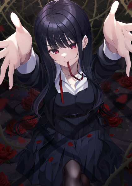 Anime picture 2006x2833 with original kurousagi yuu single long hair tall image looking at viewer blush fringe highres breasts black hair red eyes sitting holding blunt bangs long sleeves head tilt from above blurry open clothes