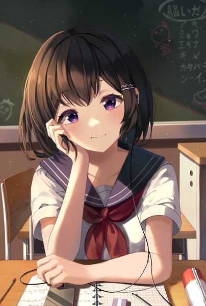 Anime picture 3229x4800 with original kimae single tall image looking at viewer blush fringe highres short hair black hair smile hair between eyes sitting purple eyes absurdres indoors head tilt head rest classroom dust