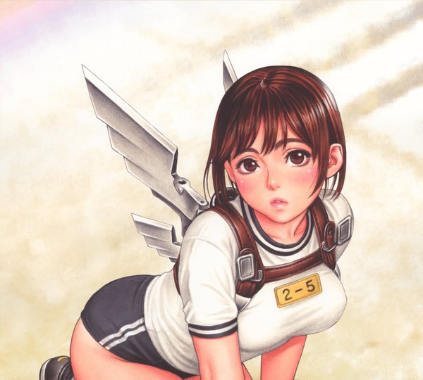 Anime picture 2937x2646 with original tsukasa jun single looking at viewer blush highres short hair light erotic brown hair brown eyes lips scan kneeling clothes writing mechanical wings leather girl uniform wings shorts