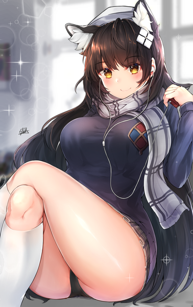 Anime picture 1764x2800 with girls frontline type 95 (girls frontline) type 95 (pure white graduation) (girls frontline) hiromaster sinta jh single long hair tall image looking at viewer blush fringe highres breasts light erotic black hair smile hair between eyes sitting holding signed animal ears