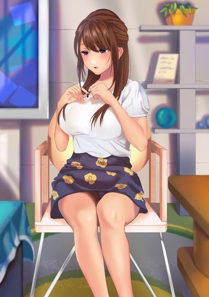 Anime picture 1448x2048 with original inushima single long hair tall image blush fringe breasts open mouth light erotic hair between eyes brown hair large breasts sitting purple eyes holding payot looking away bent knee (knees) indoors