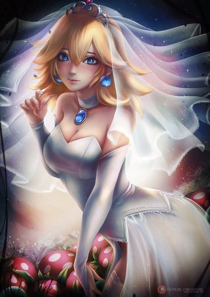 Anime picture 2120x3000 with super mario bros. princess peach axsen single long hair tall image looking at viewer blush fringe highres breasts blue eyes light erotic blonde hair smile hair between eyes large breasts standing signed cleavage