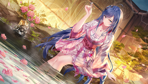 Anime picture 4671x2640 with original junpaku karen single long hair looking at viewer blush fringe highres breasts blue eyes wide image sitting holding blue hair absurdres ahoge outdoors traditional clothes japanese clothes arm up