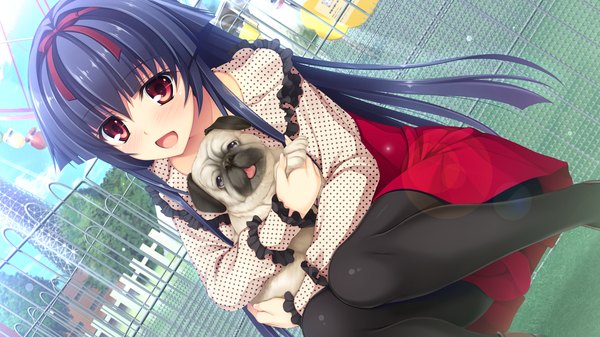 Anime picture 2194x1234 with pretty x cation 2 hibiki works himekawa honami single long hair blush highres open mouth black hair red eyes wide image sitting game cg outdoors :d dutch angle girl dress animal pantyhose