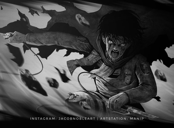 Anime picture 3380x2480 with shingeki no kyojin production i.g levi (rivaille) manip21 single looking at viewer fringe highres short hair open mouth holding signed absurdres blurry open jacket watermark monochrome fighting stance dual wielding angry