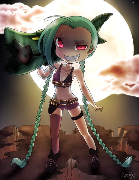 Anime picture 971x1257 with league of legends jinx (league of legends) chilienn (artist) single tall image looking at viewer light erotic red eyes twintails bare shoulders cloud (clouds) very long hair night tattoo night sky chibi girl thighhighs weapon shorts