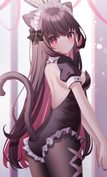 Anime picture 2370x3929 with original sapphire (sapphire25252) single long hair tall image looking at viewer blush fringe highres breasts light erotic red eyes brown hair standing animal ears tail blunt bangs nail polish animal tail looking back