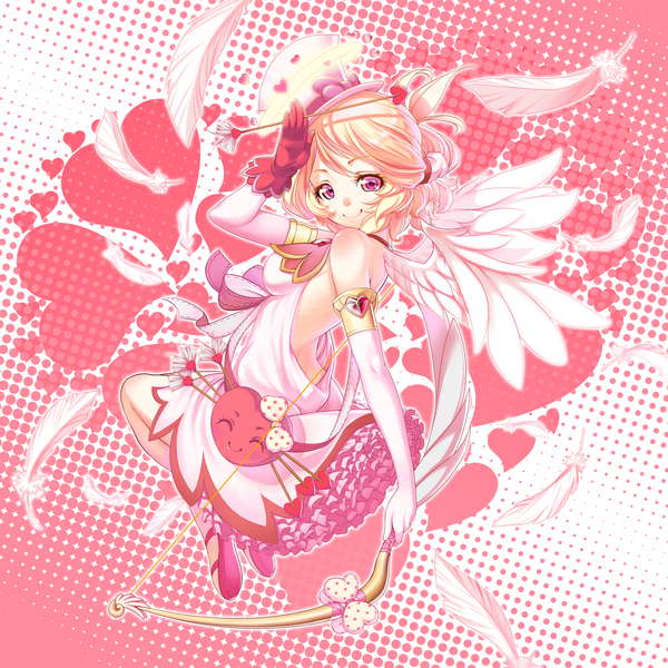 Anime picture 1500x1500 with original cupid lucknight single looking at viewer short hair blonde hair smile red eyes girl dress gloves wings elbow gloves heart feather (feathers) bow (weapon)