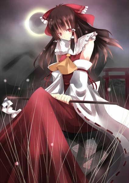 Anime picture 800x1131 with touhou hakurei reimu daiaru single long hair tall image looking at viewer red eyes brown hair sitting girl dress bow hair bow detached sleeves moon gohei