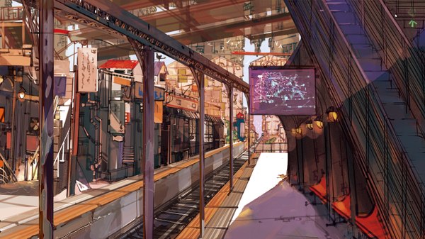 Anime picture 3200x1800 with original hpknight highres wide image cityscape no people lantern stairs train station railroad tracks