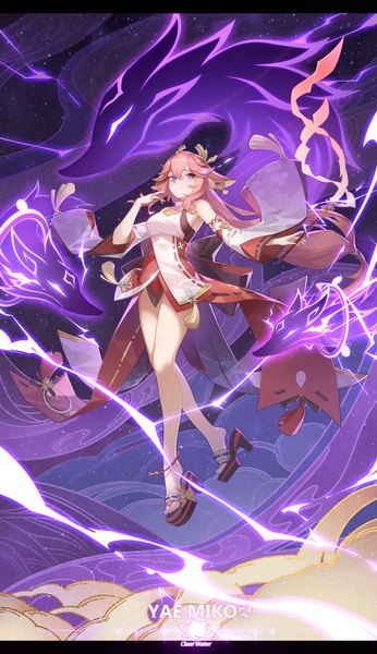 Anime picture 2365x4100 with genshin impact yae miko clear water single long hair tall image fringe highres hair between eyes purple eyes animal ears pink hair full body traditional clothes japanese clothes bare legs high heels character names fox ears letterboxed