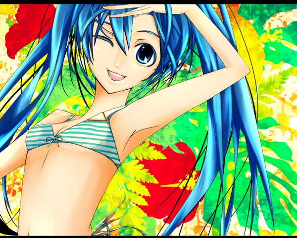 Anime picture 1280x1024 with project diva vocaloid hatsune miku girl swimsuit bikini striped bikini