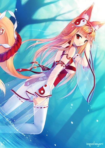Anime picture 625x874 with original sayori icqoo single long hair tall image looking at viewer fringe breasts blonde hair red eyes standing signed animal ears bent knee (knees) outdoors tail blunt bangs traditional clothes parted lips