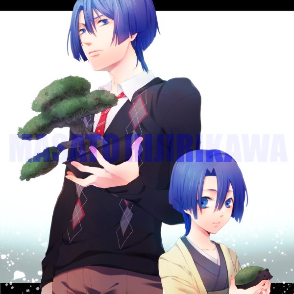 Anime picture 1200x1200 with uta no prince-sama a-1 pictures hijirikawa masato rowya short hair blue eyes holding blue hair japanese clothes inscription dual persona alternate age rhombus younger boy tree (trees) child (children) bonsai