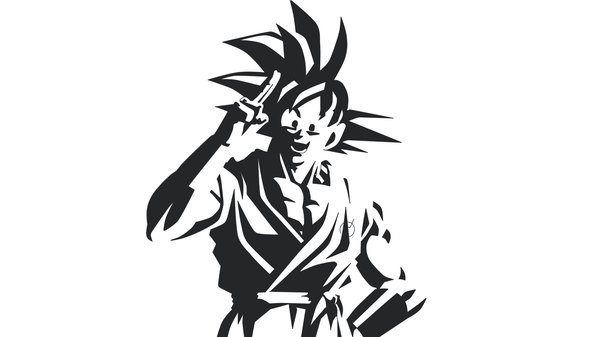 Anime picture 1920x1080 with dragon ball son goku kiro (mieru) single looking at viewer highres short hair simple background smile wide image standing white background head tilt arm up monochrome muscle spiked hair high contrast flat color boy
