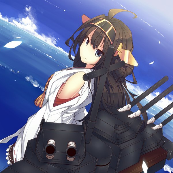 Anime picture 1000x1000 with kantai collection kongou battleship ugume single long hair looking at viewer blue eyes black hair sky cloud (clouds) ahoge nontraditional miko girl hair ornament