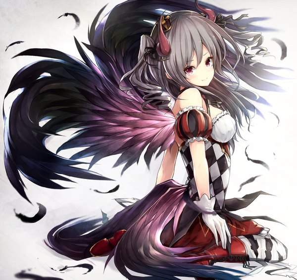 Anime picture 1260x1190 with idolmaster idolmaster cinderella girls kanzaki ranko watao single long hair looking at viewer fringe simple background smile red eyes white background sitting twintails silver hair bent knee (knees) head tilt looking back horn (horns) grey background