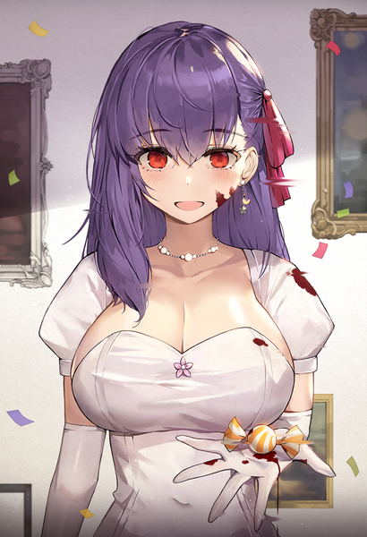 Anime picture 900x1318 with fate (series) fate/stay night matou sakura suou-sensei single long hair tall image looking at viewer blush fringe breasts open mouth light erotic smile hair between eyes red eyes large breasts standing holding cleavage