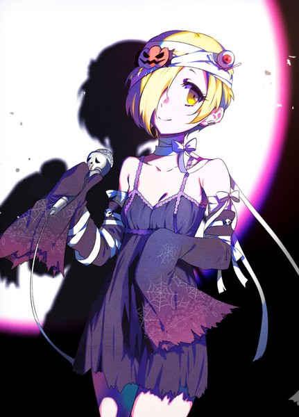 Anime picture 600x835 with idolmaster idolmaster cinderella girls shirasaka koume yuura single tall image fringe short hair blonde hair smile bare shoulders yellow eyes looking away hair over one eye shadow halloween halloween nightmare girl dress detached sleeves