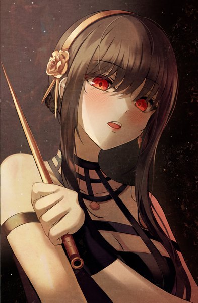 Anime picture 2860x4367 with spy x family yor briar gongha single long hair tall image looking at viewer blush fringe highres breasts open mouth black hair simple background hair between eyes red eyes bare shoulders holding cleavage upper body