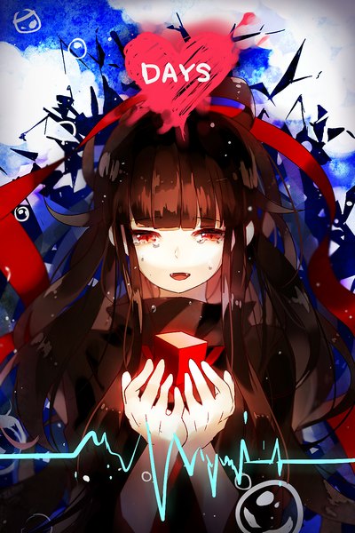 Anime picture 1000x1500 with kagerou project days (kagerou project) shaft (studio) azami (kagerou project) recen single long hair tall image open mouth red eyes brown hair holding payot sky cloud (clouds) upper body ahoge blunt bangs inscription fang (fangs)