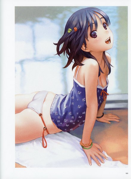 Anime-Bild 5092x6966 mit futurelog (artbook) range murata single tall image looking at viewer highres short hair open mouth light erotic black hair smile bare shoulders brown eyes absurdres cleavage ass scan arm support teeth border
