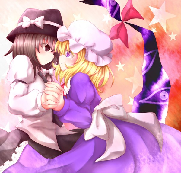 Anime picture 1300x1243 with touhou usami renko maribel hearn yzb-030 short hair black hair blonde hair purple eyes multiple girls profile black eyes holding hands face to face eyes girl dress bow 2 girls hat star (symbol)