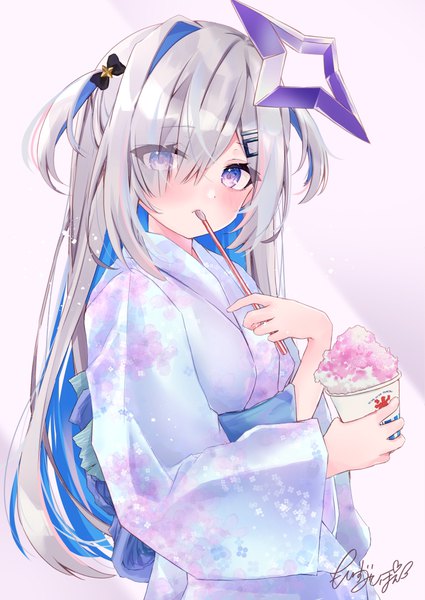 Anime picture 800x1130 with virtual youtuber hololive amane kanata moizumi shipon single long hair tall image looking at viewer blush fringe simple background purple eyes silver hair traditional clothes japanese clothes multicolored hair hair over one eye two side up colored inner hair girl
