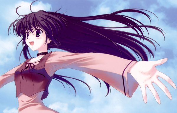 Anime picture 3909x2492 with sola shihou matsuri nanao naru single long hair blush fringe highres open mouth purple eyes sky purple hair cloud (clouds) wind official art spread arms messy hair girl choker