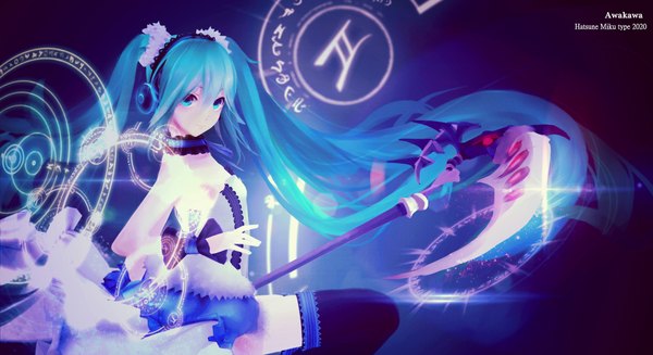 Anime picture 1980x1080 with 7th dragon 7th dragon 2020 vocaloid hatsune miku awakawayui single looking at viewer fringe highres simple background smile wide image twintails bare shoulders signed bent knee (knees) very long hair aqua eyes aqua hair zettai ryouiki