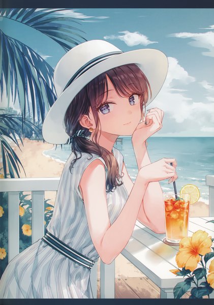 Anime picture 3254x4638 with original hiten (hitenkei) single long hair tall image looking at viewer blush fringe highres blue eyes black hair standing absurdres sky cloud (clouds) outdoors scan sleeveless beach turning head