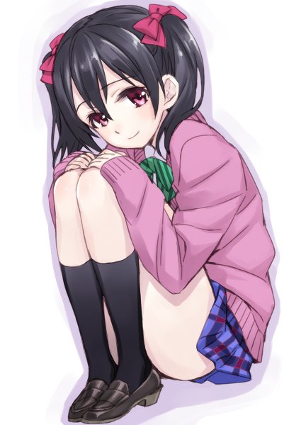 Anime picture 850x1200 with love live! school idol project sunrise (studio) love live! yazawa nico matsuryuu single tall image looking at viewer blush short hair black hair simple background red eyes white background sitting twintails bent knee (knees) plaid skirt girl skirt
