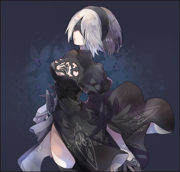 Anime picture 800x764 with nier nier:automata yorha no. 2 type b cyawa single short hair cleavage silver hair from above mole puffy sleeves dark background side slit mole under mouth floral background blindfold girl dress black dress headband
