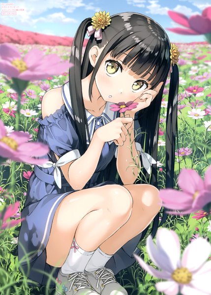 Anime picture 2109x2950 with original nagisa (kantoku) kantoku single long hair tall image looking at viewer blush fringe highres black hair holding yellow eyes payot sky cloud (clouds) outdoors blunt bangs parted lips head tilt