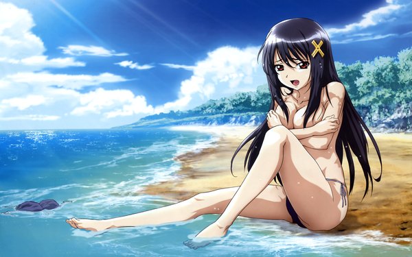 Anime picture 1920x1200 with kono aozora ni yakusoku wo single long hair looking at viewer highres open mouth light erotic black hair wide image cloud (clouds) sunlight no bra wet seaside