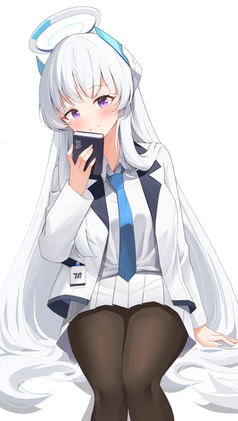 Anime picture 2348x4147 with blue archive noa (blue archive) hinen single tall image looking at viewer blush fringe highres simple background white background sitting purple eyes silver hair very long hair head tilt light smile girl pantyhose necktie