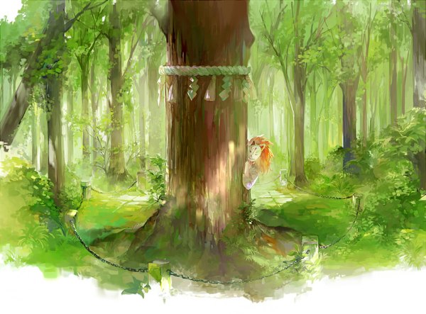 Anime picture 1000x739 with original nineo single long hair orange hair hiding plant (plants) tree (trees) chain mask forest rope fox mask