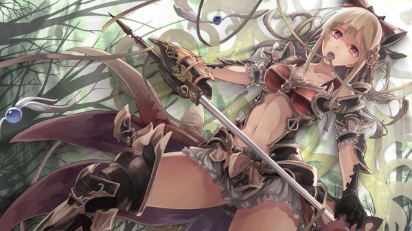 Anime picture 1920x1080 with granblue fantasy vira lilie saraki single long hair looking at viewer fringe highres open mouth light erotic blonde hair red eyes wide image girl thighhighs gloves navel ribbon (ribbons) weapon plant (plants)