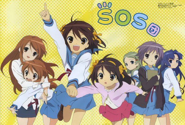 Anime picture 3371x2290 with suzumiya haruhi no yuutsu kyoto animation suzumiya haruhi nagato yuki asahina mikuru asakura ryouko kimidori emiri horiguchi yukiko highres girl