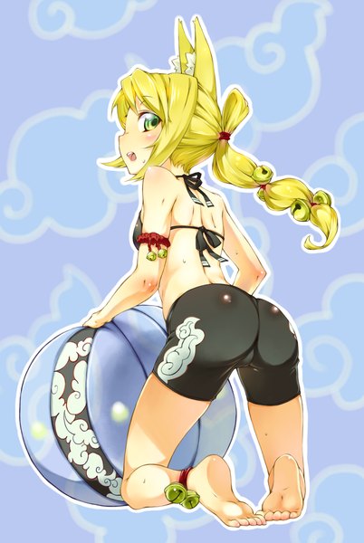 Anime picture 1408x2098 with 7th dragon samurai (7th dragon) ichi makoto single long hair tall image blush highres open mouth light erotic blonde hair green eyes animal ears ass looking back barefoot from behind kneeling back soles