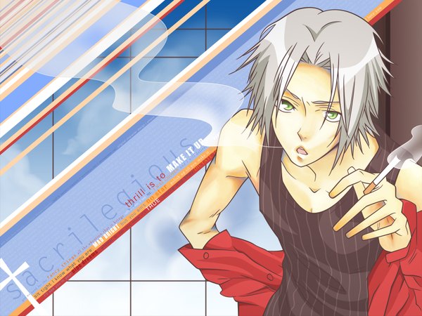 Anime picture 1600x1200 with katekyou hitman reborn gokudera hayato single short hair green eyes grey hair smoke striped smoking boy cigarette