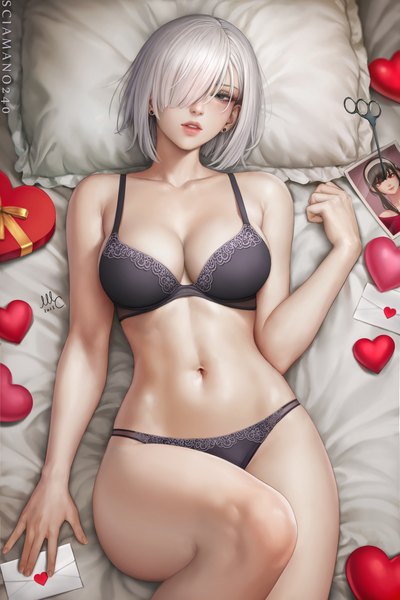 Anime picture 2000x3000 with spy x family yor briar fiona frost sciamano240 single tall image looking at viewer fringe highres short hair breasts blue eyes light erotic large breasts signed cleavage bent knee (knees) white hair indoors lying
