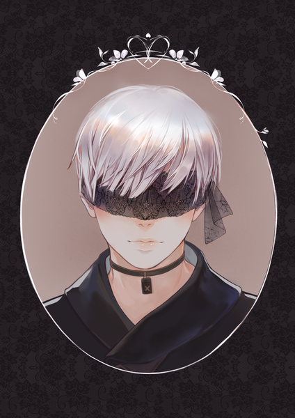 Anime picture 1000x1414 with nier nier:automata yorha no. 9 type s fuwaffy single tall image short hair silver hair lips portrait animal print blindfold butterfly print boy choker lace